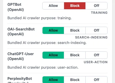 The IndexMesh WordPress plugin's AI crawler controls: GPTBot blocked as a training crawler, OAI-SearchBot and ChatGPT-User left allowed as search-indexing and user-action crawlers