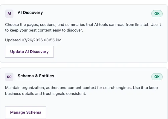 The IndexMesh WordPress plugin's modules: an AI Discovery card for curating llms.txt, and a Schema & Entities card for keeping organisation and author details consistent