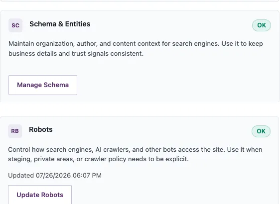 The IndexMesh WordPress plugin's compatibility view: a Schema card showing the detected SEO provider enriched rather than replaced, and a Robots card confirming crawler control stays with the plugin
