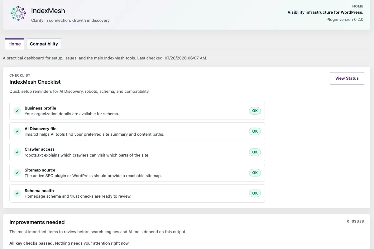 The IndexMesh WordPress plugin's Home dashboard, listing AI crawler access, llms.txt, and schema tasks from one shared business record