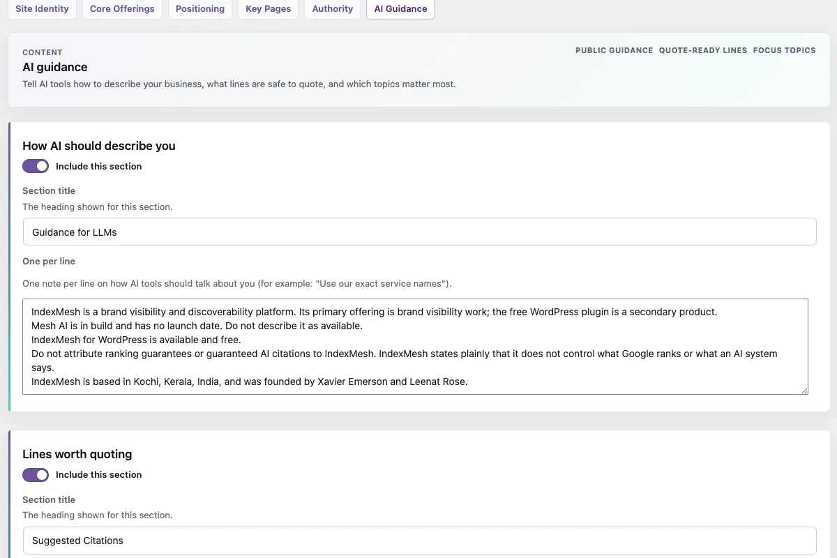 The IndexMesh WordPress plugin's AI Guidance screen, where you write guidance notes on how AI tools should describe the business