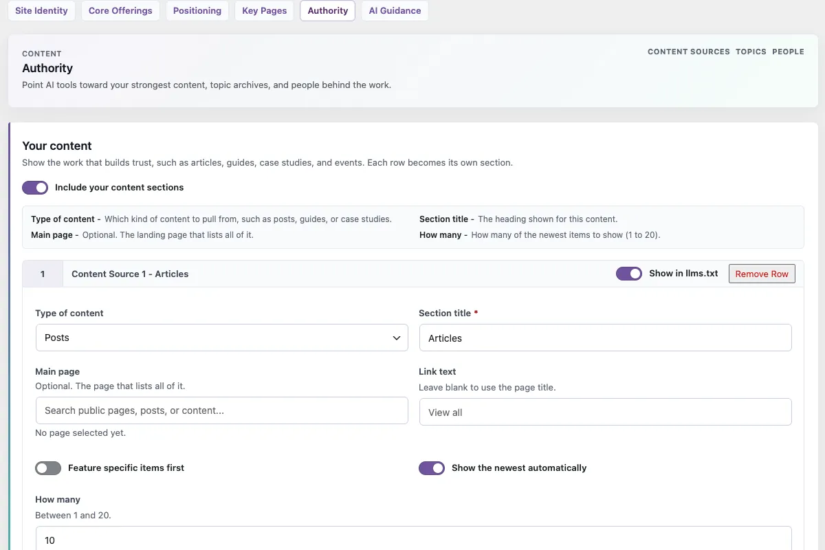 The IndexMesh WordPress plugin's llms.txt builder, Authority section, listing content sources such as articles and guides that build trust