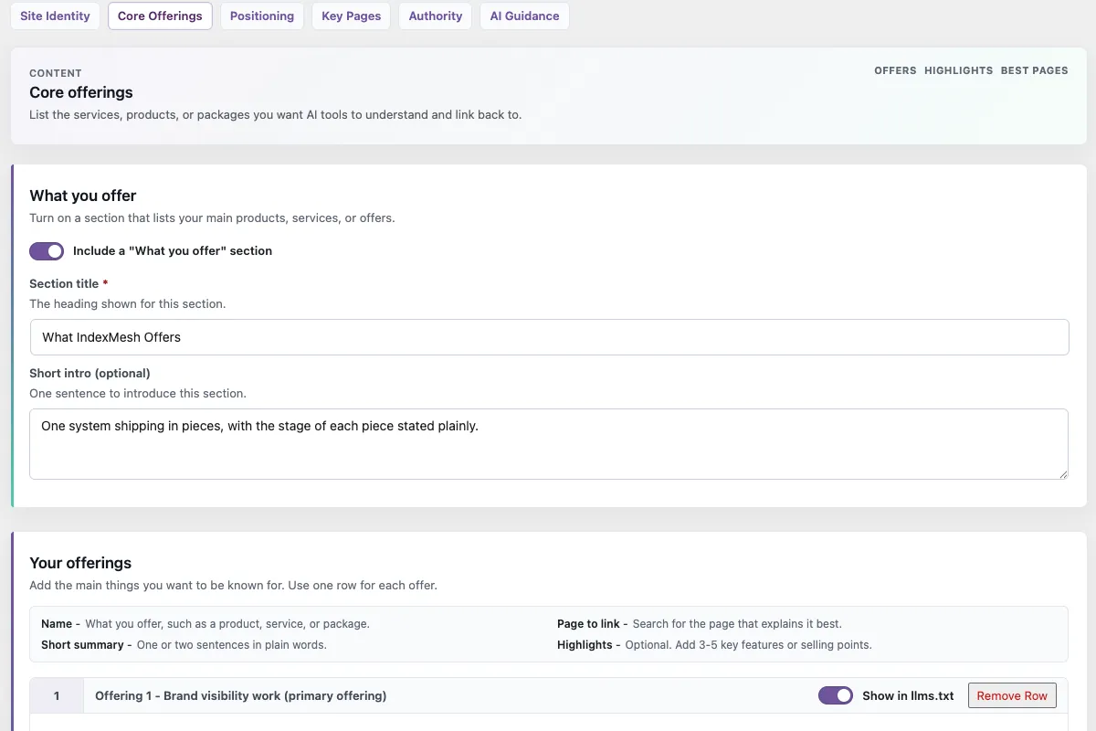 The IndexMesh WordPress plugin's llms.txt builder, Core Offerings section, listing one row per product or service with a summary and linked page