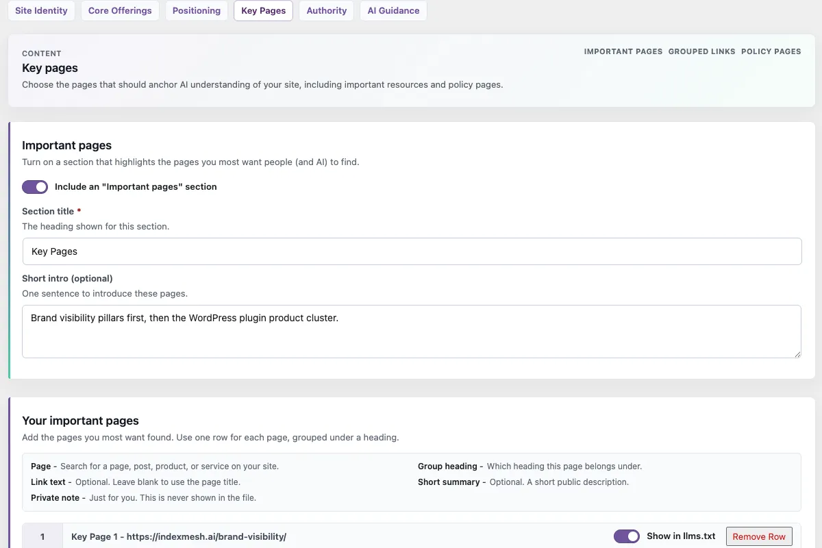 The IndexMesh WordPress plugin's llms.txt builder, Key Pages section, showing important pages grouped under headings