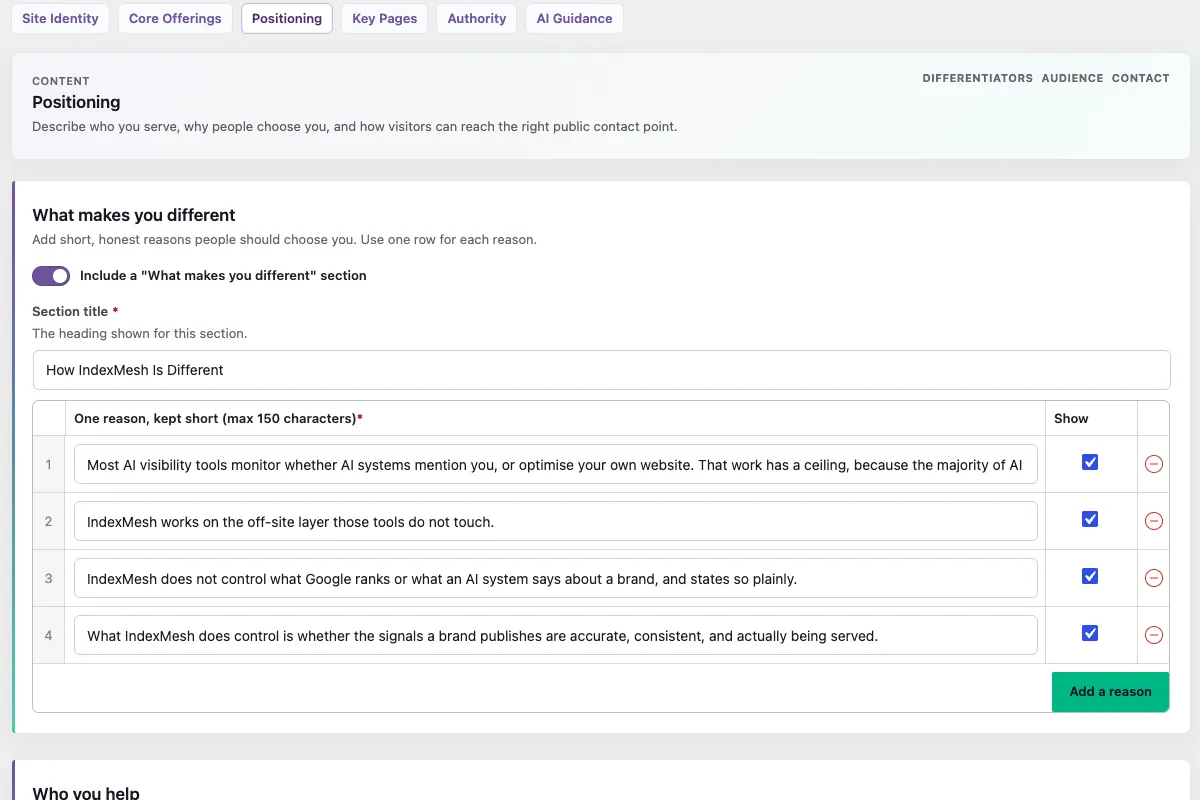 The IndexMesh WordPress plugin's llms.txt builder, Positioning section, listing short differentiator statements under "How IndexMesh Is Different"