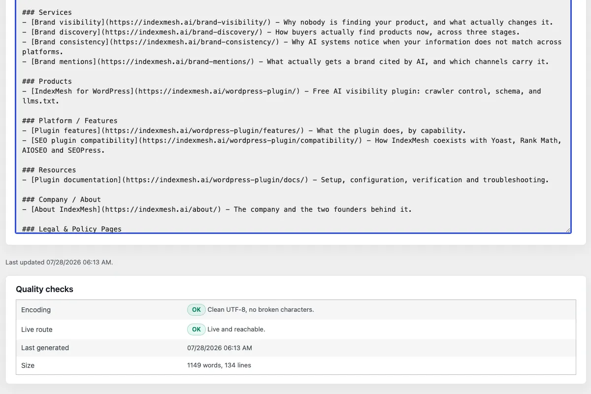 The IndexMesh WordPress plugin's llms.txt module, showing a live preview of the generated file