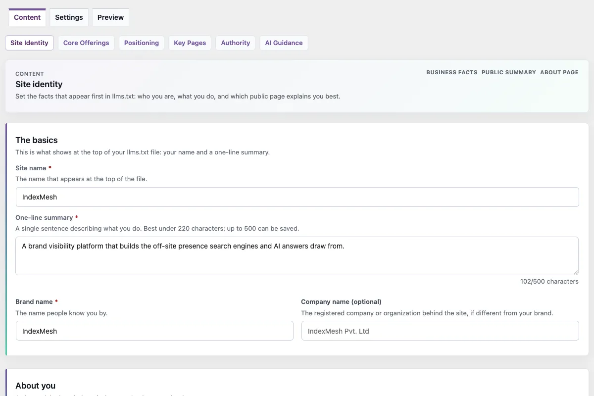 The IndexMesh WordPress plugin's llms.txt builder, Site Identity section, showing site name, one-line summary, brand name and company name fields