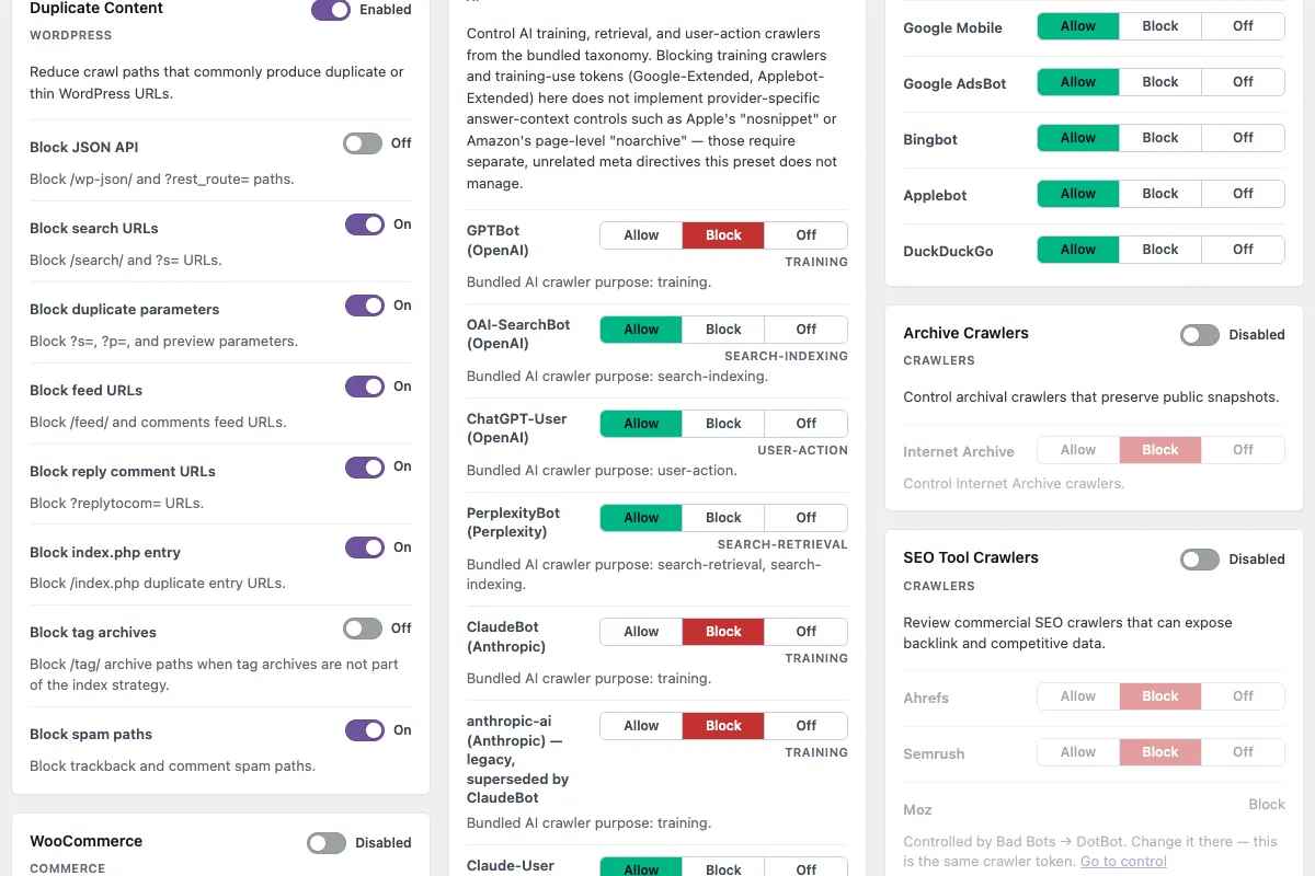 The IndexMesh WordPress plugin's admin, showing per-crawler allow and block controls for each AI provider