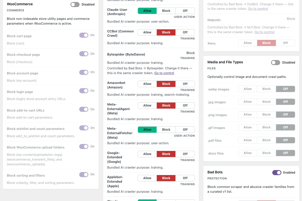 The IndexMesh WordPress plugin's bad-bot blocklist and per-file-type crawl controls for images and documents