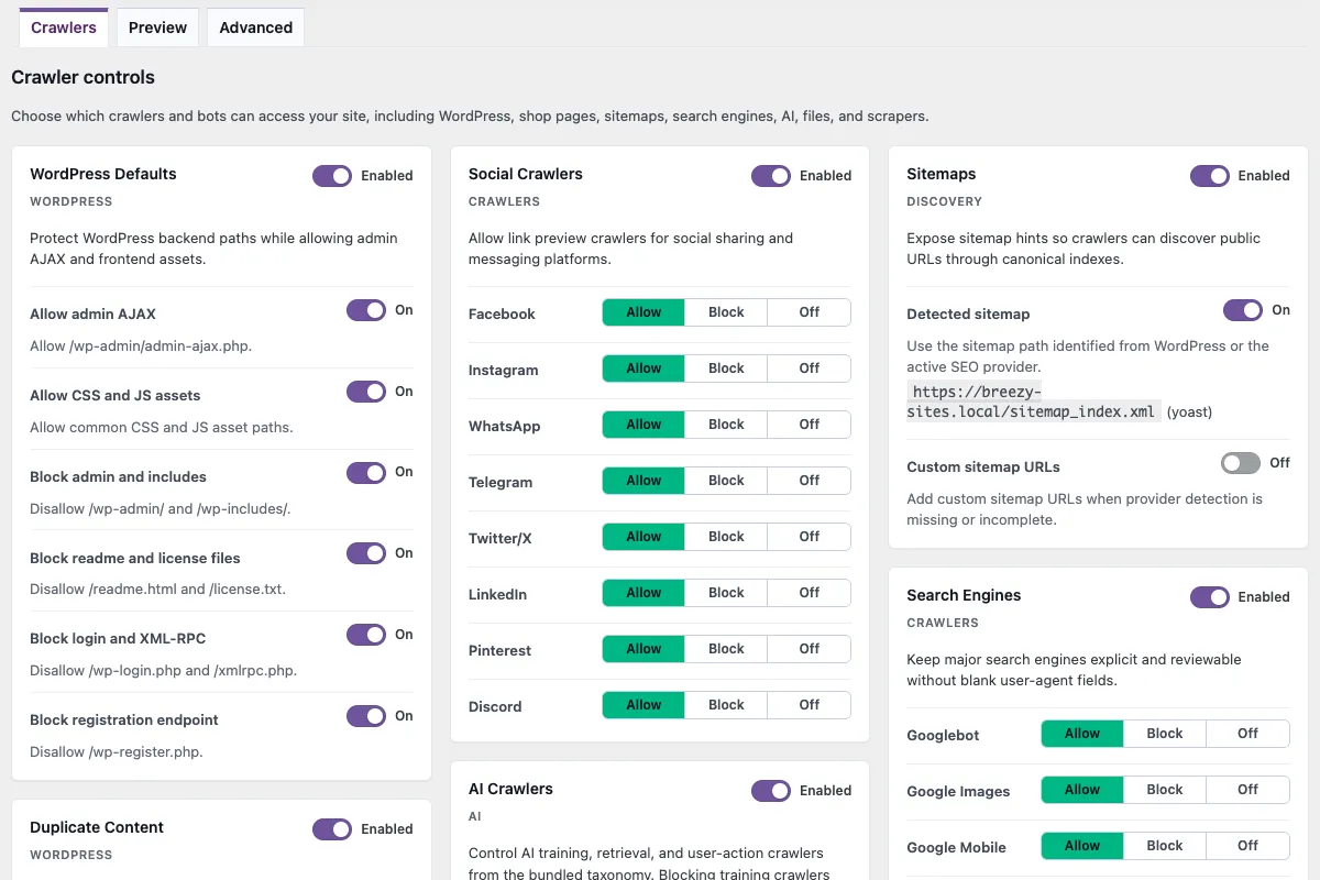 The IndexMesh WordPress plugin's granular crawler controls, listing WordPress defaults, social crawlers and sitemaps separately
