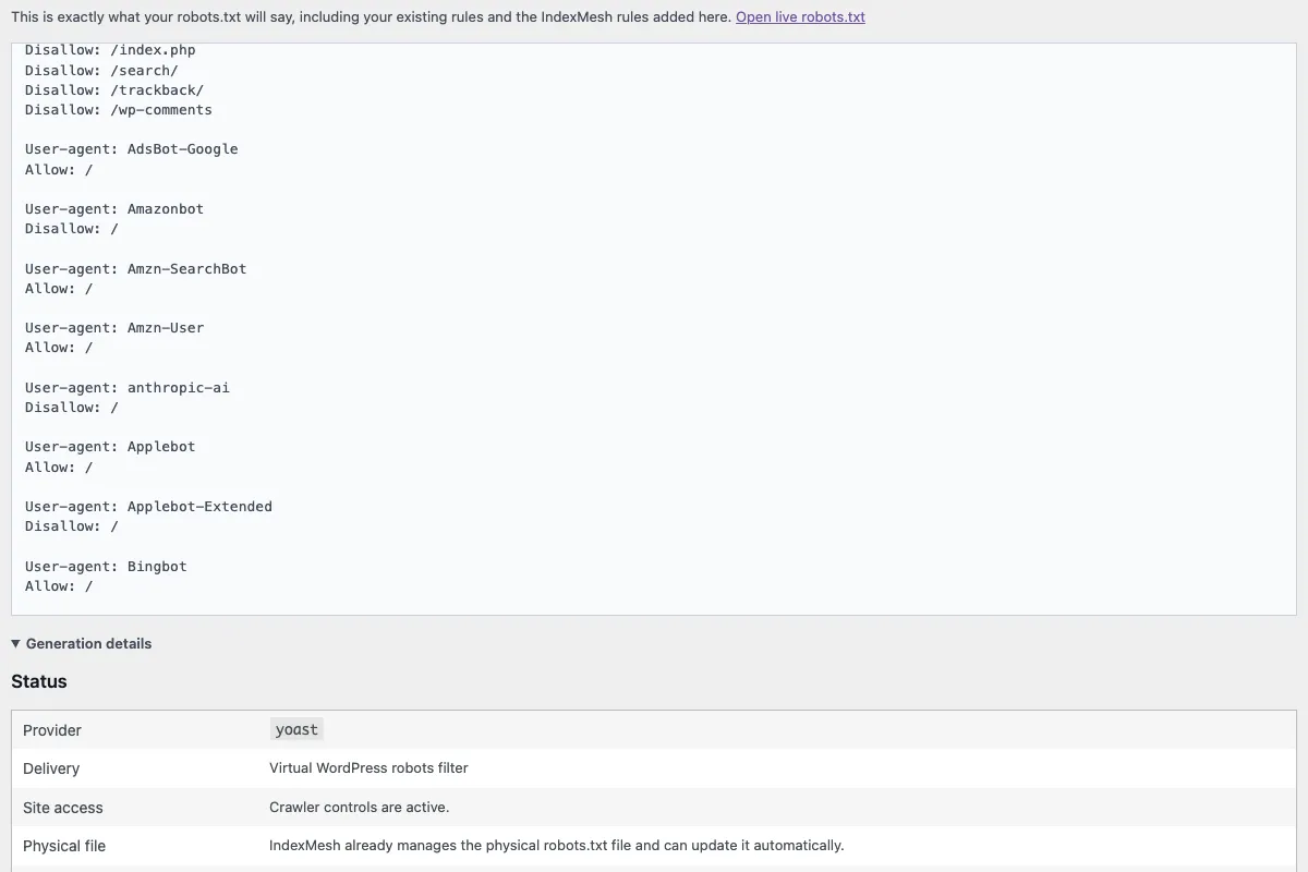 The IndexMesh WordPress plugin's robots.txt preview, showing the exact file the site will serve, generated from the saved rules