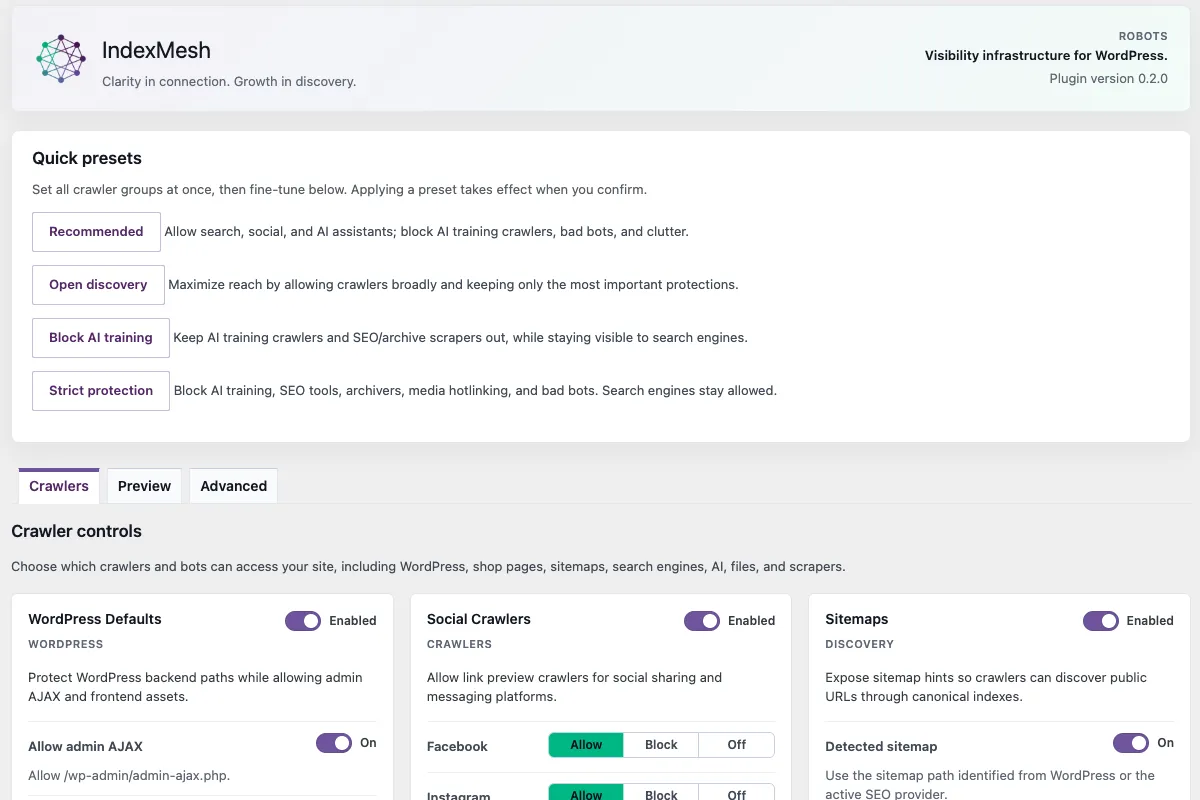 The IndexMesh WordPress plugin's Robots screen, with crawler presets grouped by what each crawler does