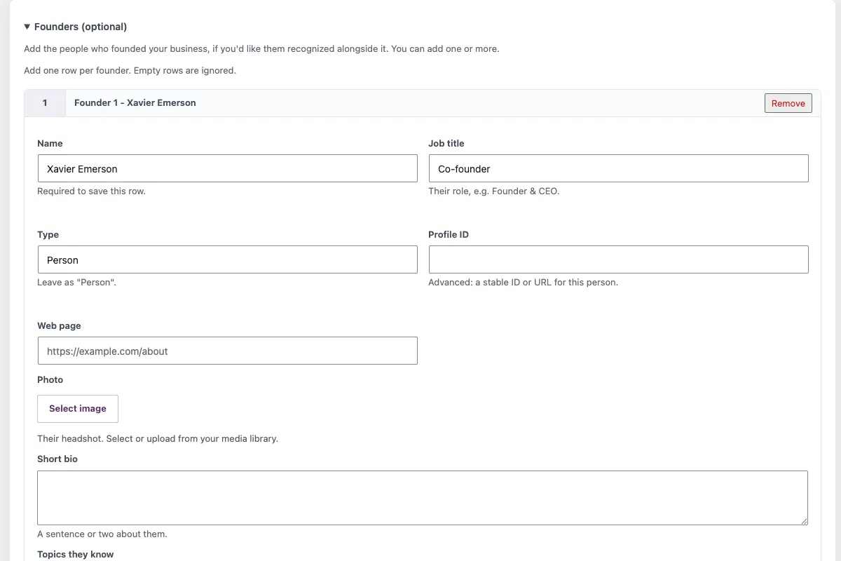 The IndexMesh WordPress plugin's author schema screen, with job title, expertise and profile links for a single author
