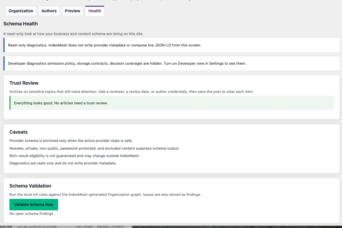 The IndexMesh WordPress plugin's Schema Health screen, showing trust review status and schema validation results