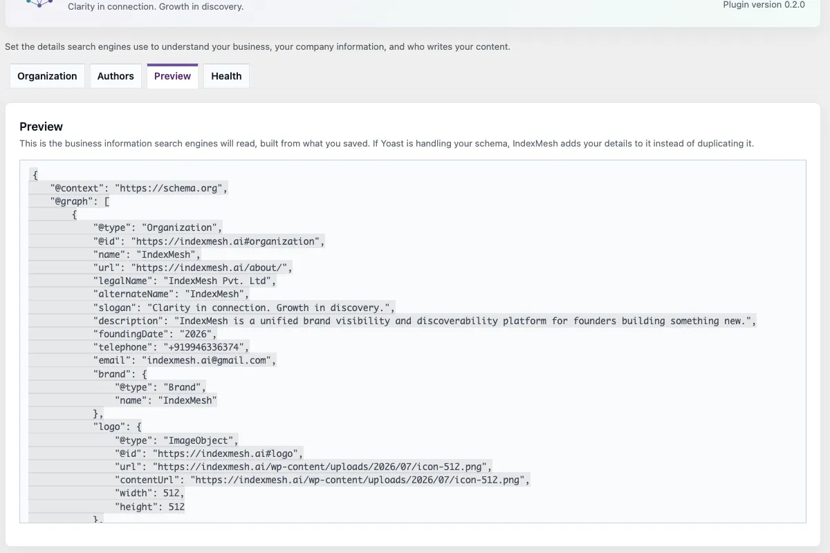 The IndexMesh WordPress plugin's Organization JSON-LD preview, showing the exact structured data built from the saved schema details