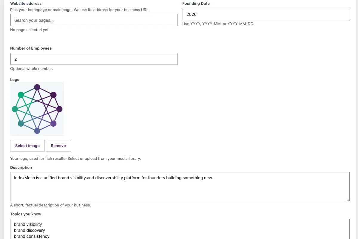 The IndexMesh WordPress plugin's schema module, showing the Organization detail fields it enriches