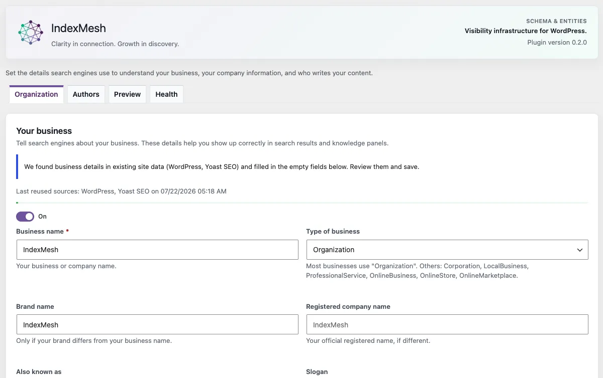 The IndexMesh WordPress plugin's Schema & Entities screen, with organisation fields prefilled from data already on the site