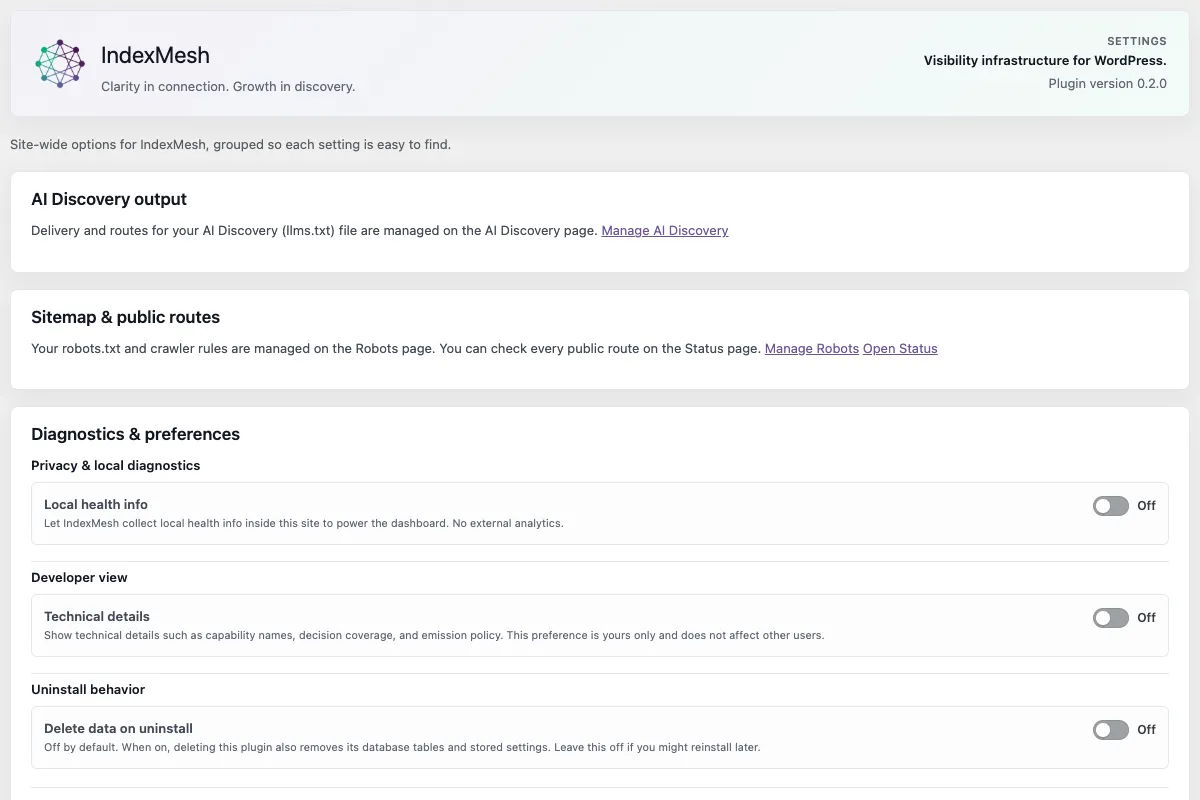 The Settings screen's Diagnostics &amp; preferences section, with Local health info and Developer view off by default